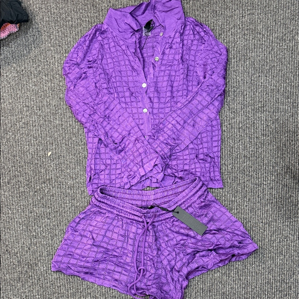 Purple Button-Up Shirt and Shorts Cover Up Set